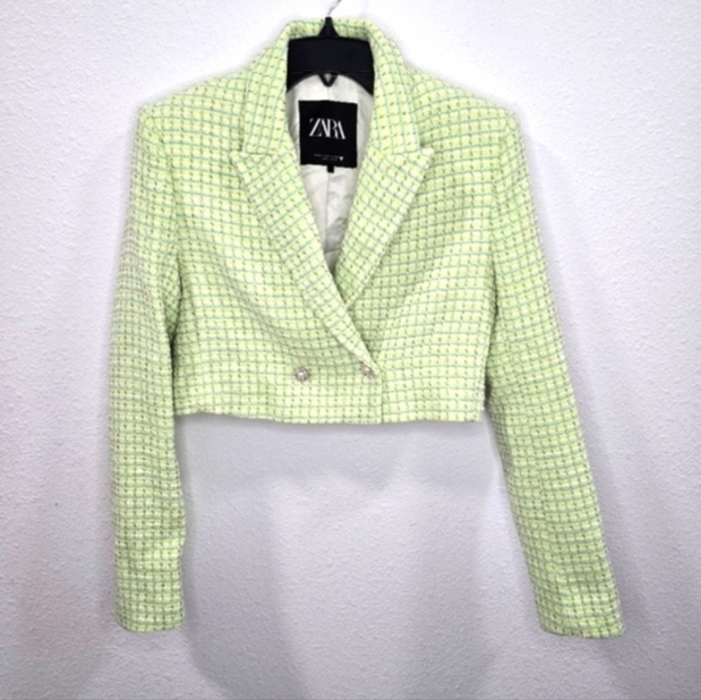 Zara Womens Green Textured Tweed Cropped Jacket Size XS.
